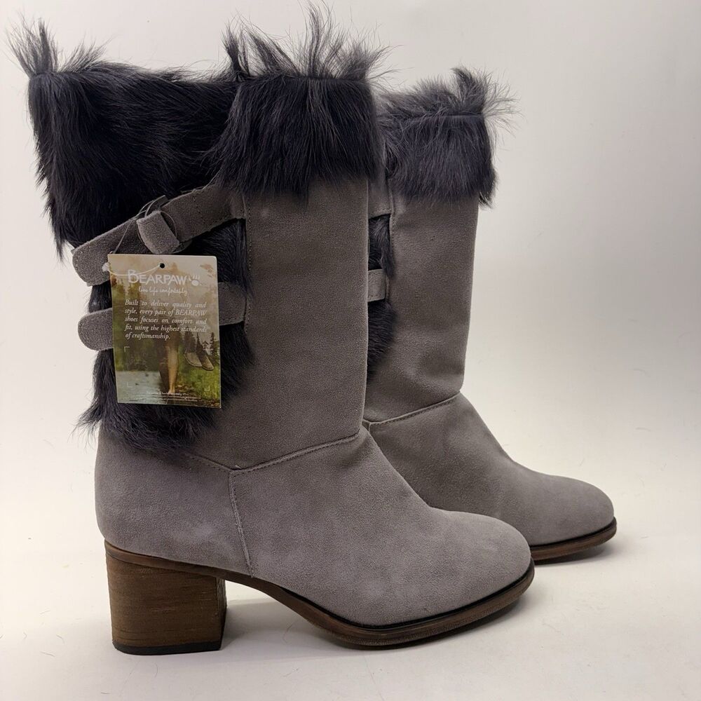 BEARPAW Madeline Boots Women 13 Gray Suede Goat Fur Fleece Block Heel NIB